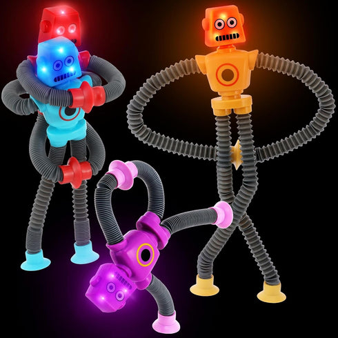 Sensory Fidget Robot Toys LED Light Up for Kid Toddlers, Suction Cup Poseable Action Figures Robot Telescopic Pop Tubes ADHD Autism Travel Toys Pi...