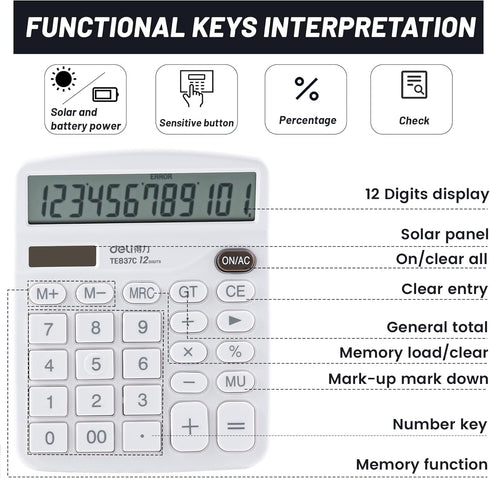 Calculators Desktop, White Calculator, Cute Calculator 12 Digit Desk Calculator Large Display, Dual Power Solar Battery, Office Home School Suppli...