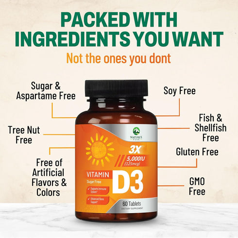 Vitamin D3 5000 IU (125 mcg) - Chewable D Vitamin for Bone, Teeth, Muscle & Immune Support, Sugar Free, Non-GMO, Gluten Free, Nature's Extra Stren...