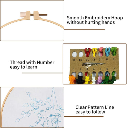 Nuberlic 3 Sets Cute Cat Embroidery Kit for Adults Beginners, Stamped Cross Stitch Starter Kits Include Embroidery Needlepoint Cloth Hoops Needles...