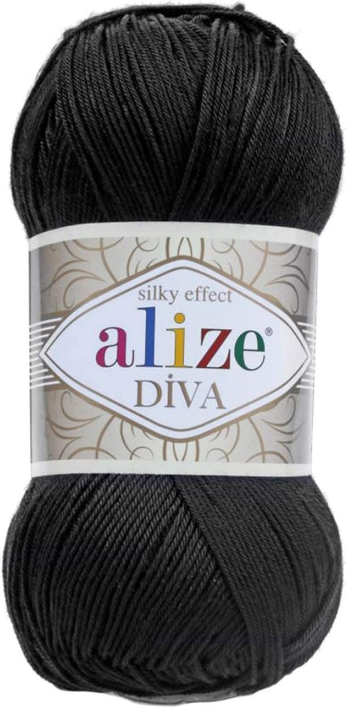 Alize Diva Silk Effect 100% Microfiber Acrylic Yarn 1 Ball skeins 100gr 383yds Color (60 - Black)......