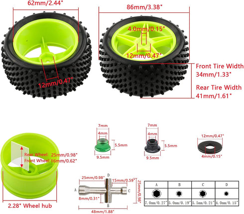 1/10 RC Rubber Tire 4pcs Front & Rear Tires and Wheels with Flange Lock Nuts Washers and Wrench for 1/10 Off Road RC Buggy Redcat Tornado S30 EPX ...
