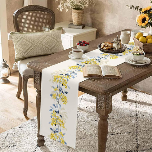 Spring Table Runner 90 Inches Long Summer Flower Wild Leaves Seasonal Runner for Tables Dining Room Blue White Yellow Floral Holiday Dinner Runner...