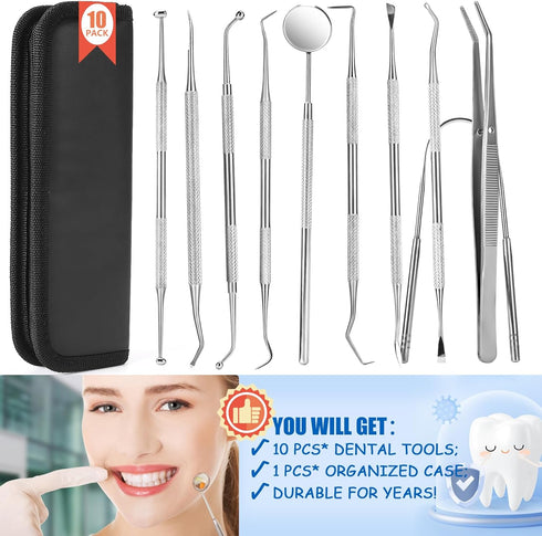 Dental Tools,10 Pcs Plaque Remover for Teeth, Stainless Steel Dental Hygiene Tool Set with Dental Pick for Teeth Cleaning Kit, Tooth Scraper, Tong...