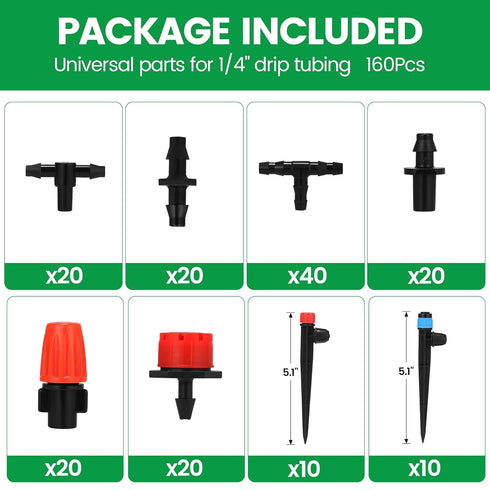 160 Pcs Adjustable Drip Irrigation Emitters, Misting Nozzles, Micro Irrigation Drippers, Sprayers, Barbed Connectors, Universal Parts for 1/4" Dri...