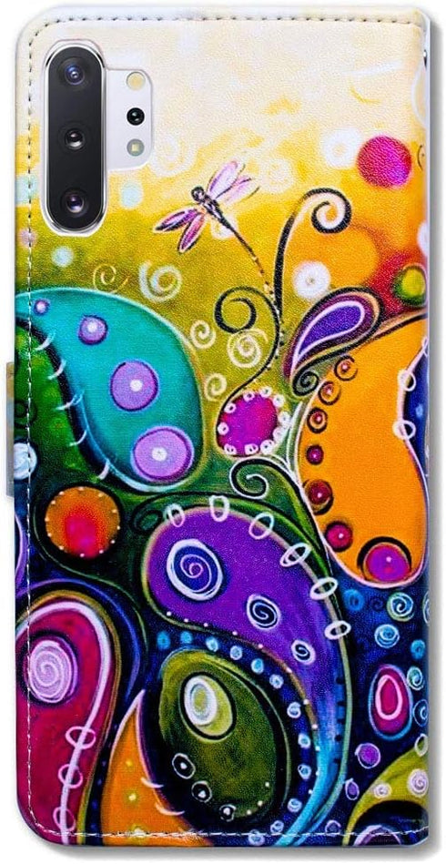 Case for Galaxy Note 10 Plus, Colorful Dragonfly Wallet Leather Cover Case with Kickstand and Card Holder Slots Side Pocket Magnetic Closure for S...