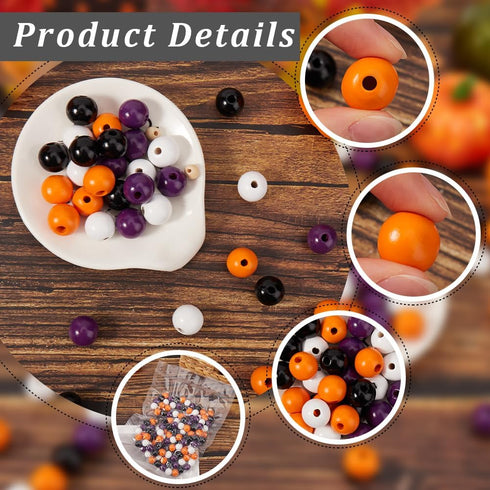 125Pcs Halloween Wooden Beads Pumpkin Wood Beads Garland Craft Round Loose Bead Ornaments for Jewelry Making Bead Assortments DIY Necklace Bracele...