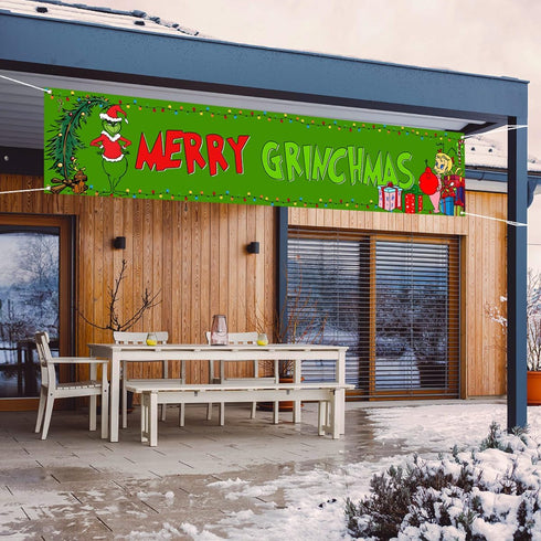 Nepnuser Grinchmas Fence Banner Christmas Green Elf Winter Holiday Party Decoration Xmas Large Home Garden Outdoor Yard Hanging Sign-1.6 * 8.2ft (...