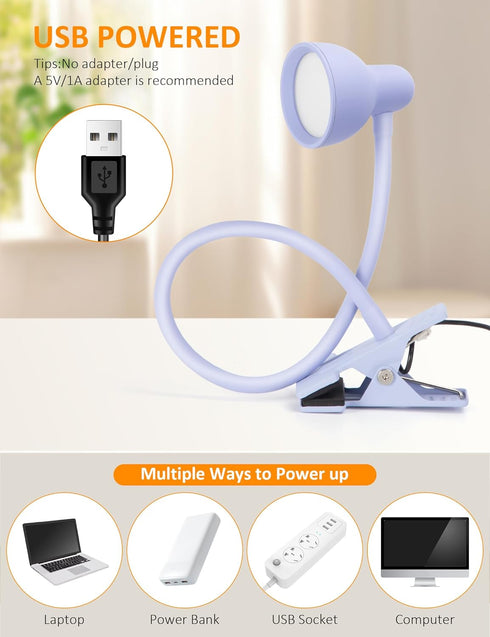 Clip on Lamp USB Reading Light, 3 Color Modes, 10 Brightness Dimmable, Flexible Gooseneck Desk Lamp with Clamp, Eye Care Clip on Light for Bed Hea...