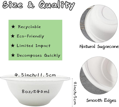 110 Pcs 8oz Disposable Bowls,Compostable Paper Bowls,White Biodegradable Bowls,Heavy-Duty Bagasse Bowls for Salad,Dessert,Parties,Catering...