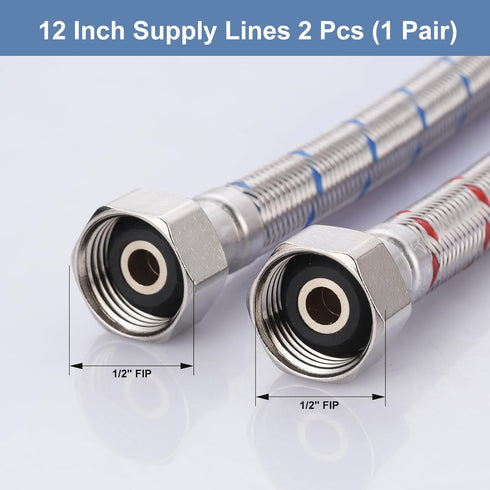 12 Inch Length Faucet Hose 1/2” to 1/2”, Braided Stainless Steel cUPC Supply Lines 1/2 Inch FIP x 1/2 Inch FIP Sink Hose Attachment for Faucet 1 P...