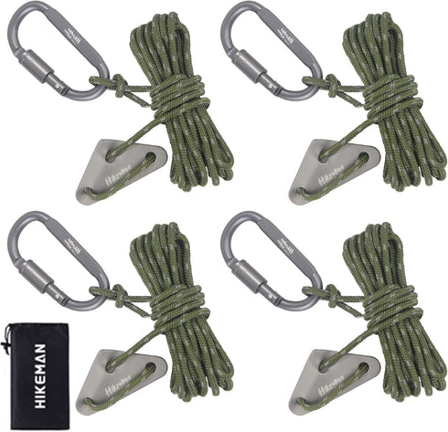 Hikeman 4 Pack Camping Rope with Locking Carabiner Clip,4mm Reflective Guy Lines with Triangular Guyline Adjuster Tensioner,Nylon Cord for Tent Ta...