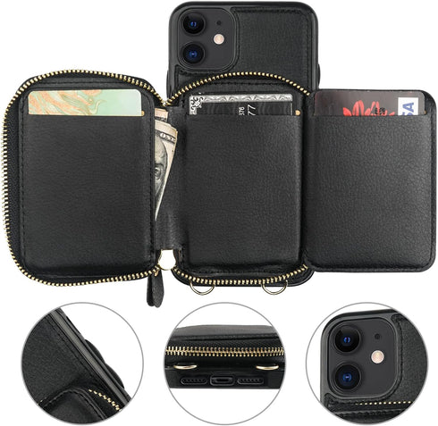 Bocasal RFID Blocking Wallet Case for iPhone 11, Adjustable Crossbody Zipper Purse Case Card Holder with Kickstand Detachable Wrist Strap, PU Leat...
