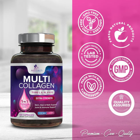 Collagen Peptides for Women & Men, Type I, II, III, V, X Hydrolyzed Collagen Pills, Grass Fed Non-GMO Multi Collagen Peptides Supplements, Hair, S...
