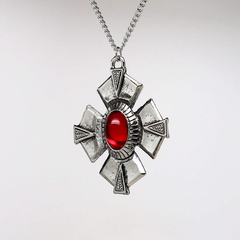 Medallion with Red Cabochon Medieval Renaissance Silver Finish Pendant Necklace...