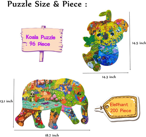 Puzzles for Kids Ages 8-10, 96 Pieces Koala and 200 Pieces Elephant Jigsaw Puzzles Unique Irregular Pieces Gift for 4 6 8 10 Years Old Boys and Gi...
