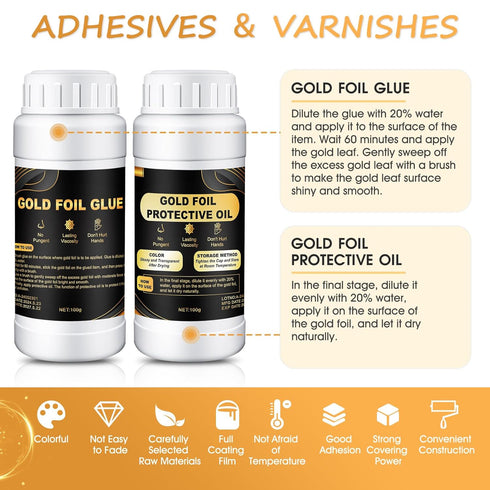 Gold Leaf Adhesive Set 200ml Gold Plating Kit Protective Varnish 100 pcs Gilding Adhesive Set Gold Leaf Sheets, 2 Brushes, Water Based Leaf Glue f...