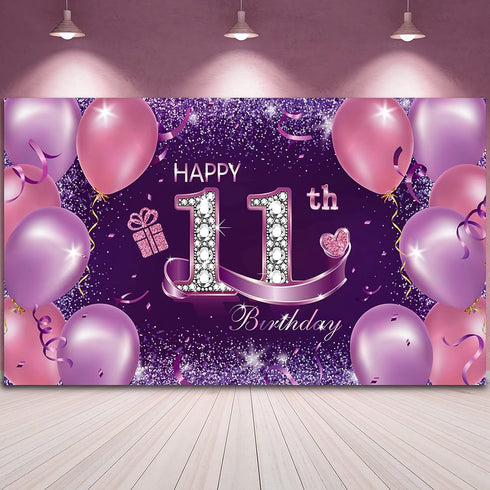 Happy Birthday Party Decorations, Large Fabric Happy 11th Anniversary Birthday Backdrop Photo Booth Background with Rope for Girls Birthday Party ...