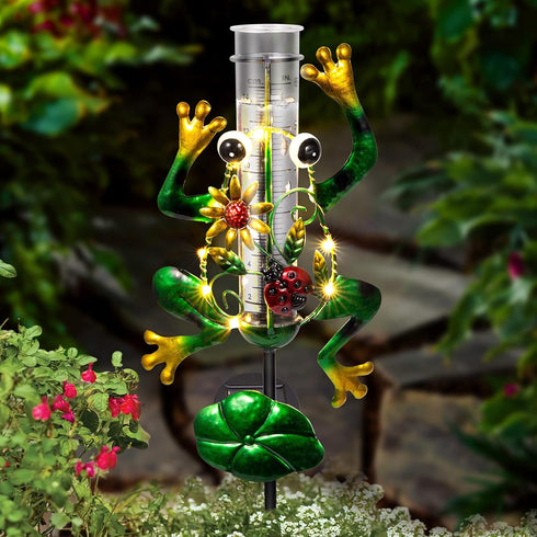 Solar Rain Gauge Outdoor, Metal Frog Shape, 6 inchs Glass Tube, with 2 Feet Stake, Decorative for Yards, Garden, Lawn...