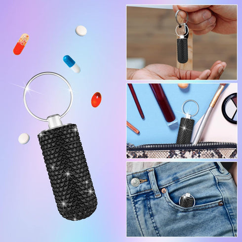 Bling Pill Case Pill Container Rhinestone Pill Box Portable Waterproof Pocket Pill Holder Storage Bottle with Keychain for Travel, Outdoor, Campin...