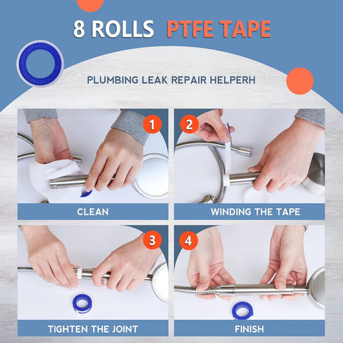8 Rolls Teflon Tape,Plumbers Tape(1/2 Inch X 520 Inches),PTFE Tape for Sealing Tape,Plumbing Tape,Sealant Tape,Thread Seal Tape for Shower Head,Wa...