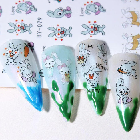 12 Sheets Bunny Nail Art Stickers Easter Water Transfer Nail Decals Cute Rabbit Cartoon Nail Design Abstract Line Rabbit Nail Sticker Easter Nail ...