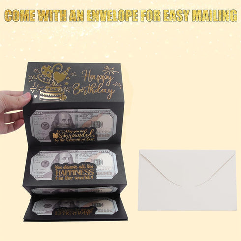 HOMANGA Birthday Money Envelope for Cash Gifts, Surprise Cash Envelope for Men Women Kids, Birthday Gift Card for Men Women Girls Boys, Black Gold...