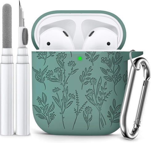 Flower Engraved Airpods Case Cover with Cleaner Kit, Soft Silicone Airpods 2nd Generation Case for Apple Airpod Case 2nd/1st Gen Charging Case,Fro...