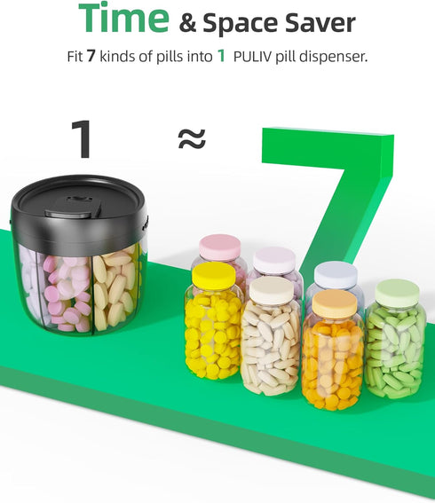 PULIV Portable Pill Dispenser Bottle, Vitamin Organizer with 7 Compartments, Holds Plenty of Supplements with Anti-Mixing & Wide Openings Design, ...