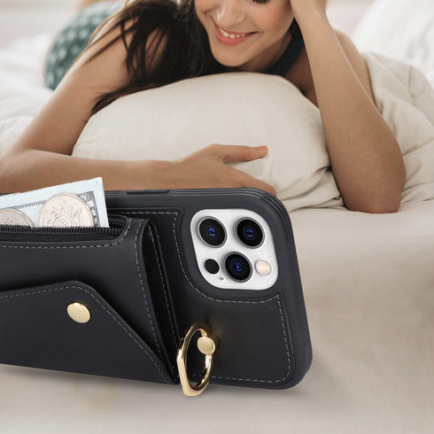 for iPhone 12/12 Pro Case with Card Holder and Strap - Zipper Pocket,Crossbody Lanyard Strap,Credit Card Holder,Stand Ring,Cute Phone Wallet Case ...
