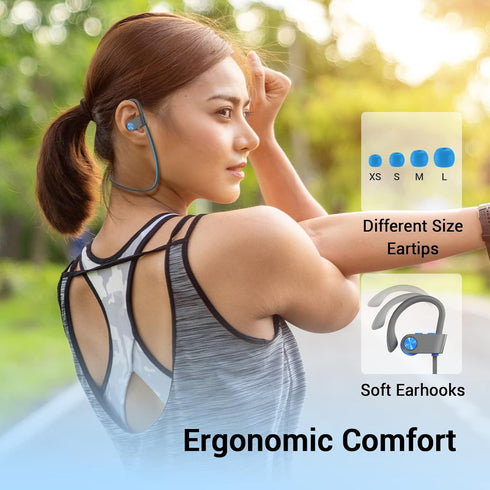 Bluetooth Headphones, IPX7 Waterproof Sweatproof & 12Hrs Long Battery, Wireless Earbuds in-Ear with Mic & Soft Earhooks for Running Fitness Workou...