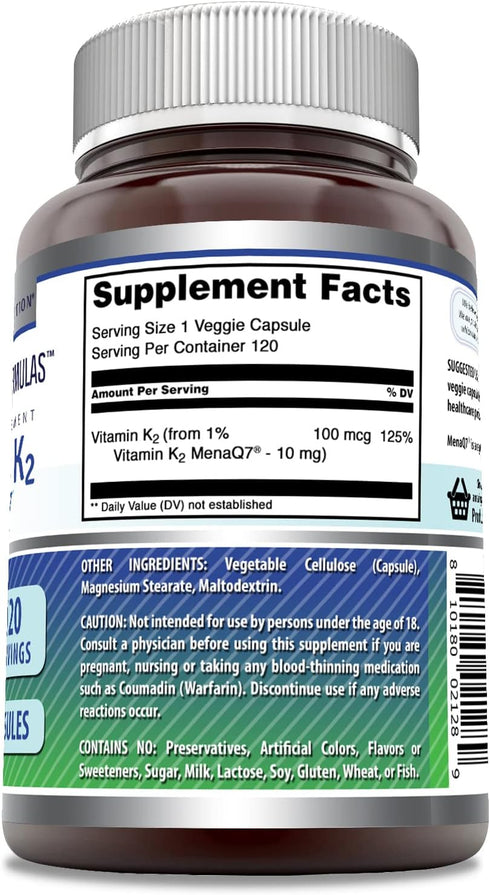 Amazing Formulas Vitamin K2 Menaq7 MK7 Supplement | 100 Mcg | Veggie Capsules | Non-GMO | Gluten Free | Made in USA (1 Pack, 120 Count)...