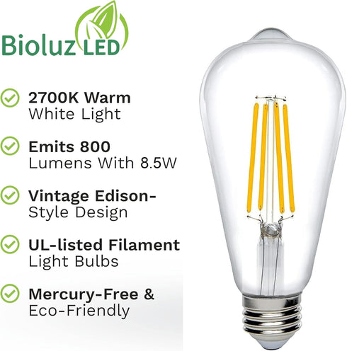 Bioluz LED 92 CRI Dimmable Edison Light Bulbs 800 Lumen Warm White 2700K 60W Replacement ST64 / ST19 / ST58 8.5W E26 Standard Base Title 20 High E...