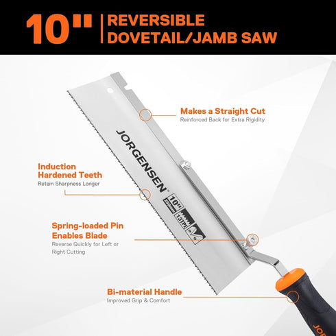 JORGENSEN 10" Dovetail Reversible Saw, Professional Cutting Jamb Saw, 13TPI Double Ground Teeth Flush Cut Saw Spring Loaded Design Cranked Soft Ha...