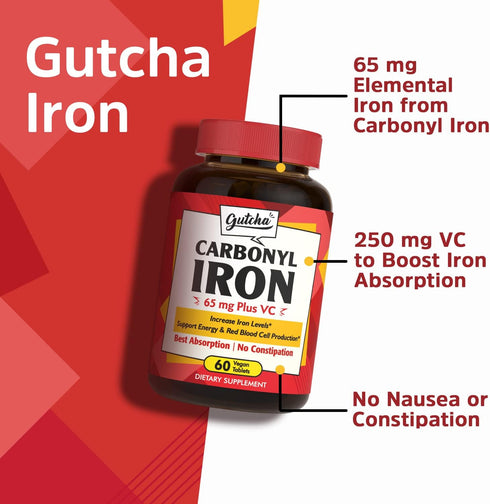 Iron Supplement, 65 mg, Carbonyl Iron Plus Vitamin C, Energy & Blood Support for Women & Men, Better Absorption, Gentle on The Stomach, No Nausea,...