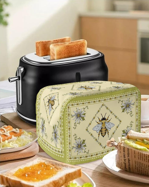 4 Slice Toaster Cover, Bread Machine Cover Honey Bee Daisy Flowers Sage Green Border Kitchen Appliance Dust Cover with Top Handle Fingerprint Prot...