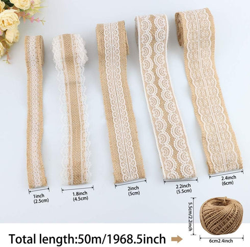 30PCS Burlap Hessian Flowers Set, Include 24 Burlap Flowers and Bowknots, 5 Lace Burlap Ribbon Rolls,1 Twine Ribbon and Glue Point for Wedding Par...