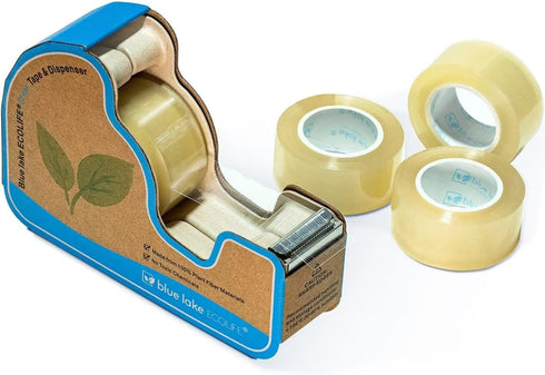 Blue Lake ECOLIFE Plastic Free Tape Dispenser with 4 Rolls 3/4 in x 630 in Transparent Tape, Tape Dispenser Desk for Gift Wrapping, Office, Home, ...