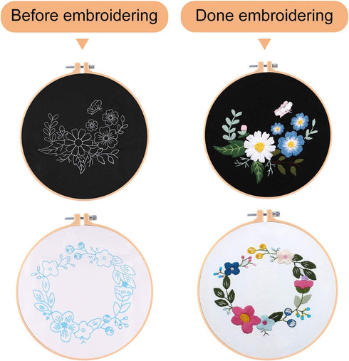 FEPITO 5 Sets Embroidery Starter Kit with Pattern and Instructions Cross Stitch Kit Including 5 Pcs Embroidery Clothes with Floral Pattern, 2 Pcs ...