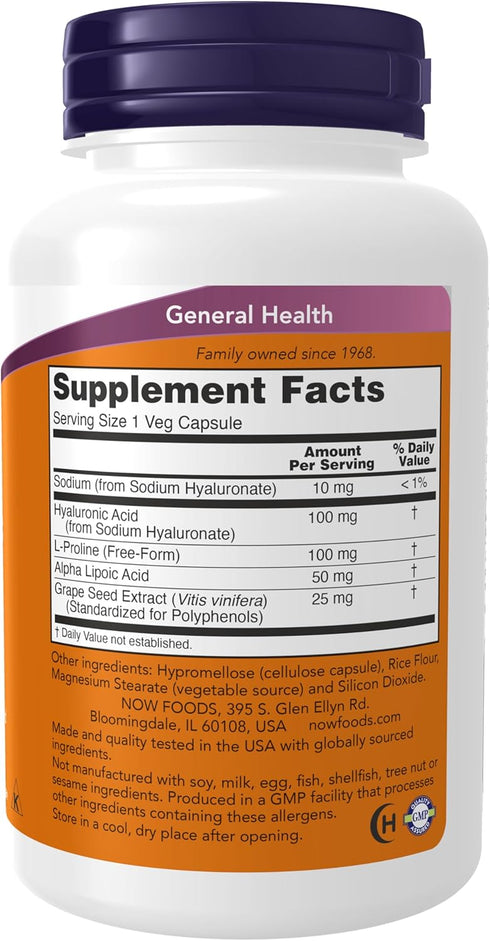 NOW Supplements, Hyaluronic Acid 100 mg, Double Strength with L-Proline, Alpha Lipoic Acid and Grape Seed Extract, 120 Veg Capsules...