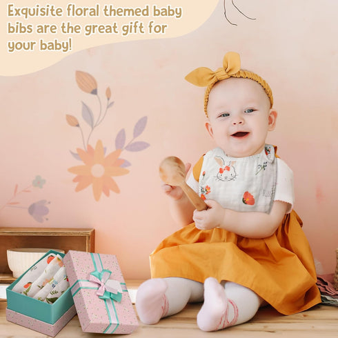 7Pcs Baby Muslin Bibs Baby Burp Cloths Absorbent Cotton Infant Bib Adjustable Resin Button Bibs Flower Pattern Infant Bibs Drooling Feeding Eating...