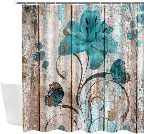 Floral Flower Shower Curtain Rustic Shower Curtain Set Teal Flower Butterfly Bathroon Curtain Farmhouse Wooden Plank Country Fabric Shower Curtain...