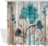 Floral Flower Shower Curtain Rustic Shower Curtain Set Teal Flower Butterfly Bathroon Curtain Farmhouse Wooden Plank Country Fabric Shower Curtain...