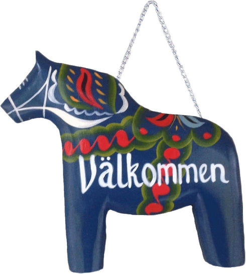 Swedish Themed Wood 8" Blue Dala Horse House Welcome Valkommen Sign with Artwork Decal & Hand Painted Accents | ScandinavianGiftOutlet...