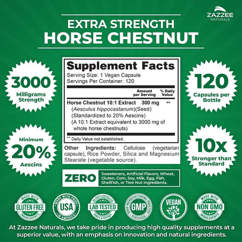 Zazzee Extra Strength Horse Chestnut 10:1 Extract, 3000 mg Strength, 20% Aescins, 4 Month Supply, 120 Vegan Capsules, Concentrated and Standardize...