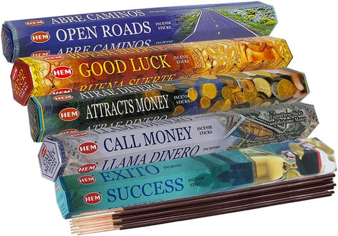 Hem Incense Sticks Variety Pack #5 and Incense Stick Holder Bundle with 5 Money and Success Themed Fragrances...