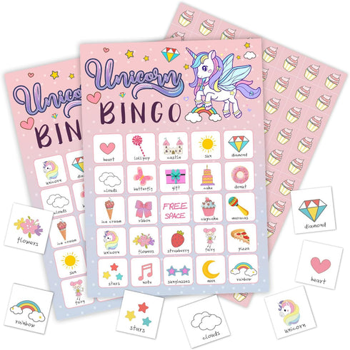 Unicorn Bingo - Birthday Bingo Games, Rainbow Unicorn Party Bingo, 24 Players Bingo Games for Unicorn Theme Birthday Party Outdoor Family Party Tr...
