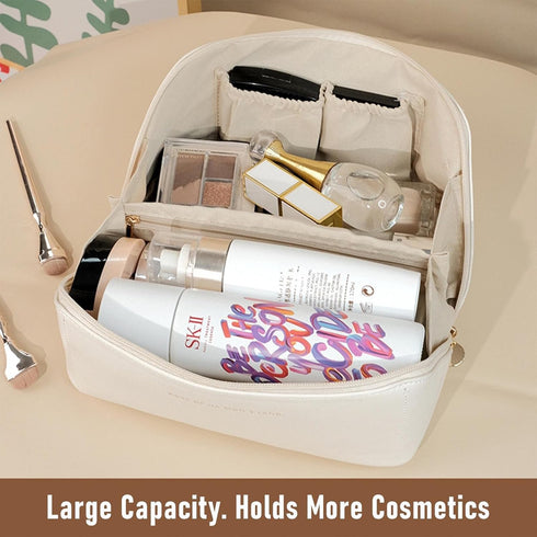 Portable Make Up Bag, Large Capacity Travel Cosmetic Bag, PU Leather Double-layered, Waterproof Portable Leather Makeup Organizer Bag for Skin Car...