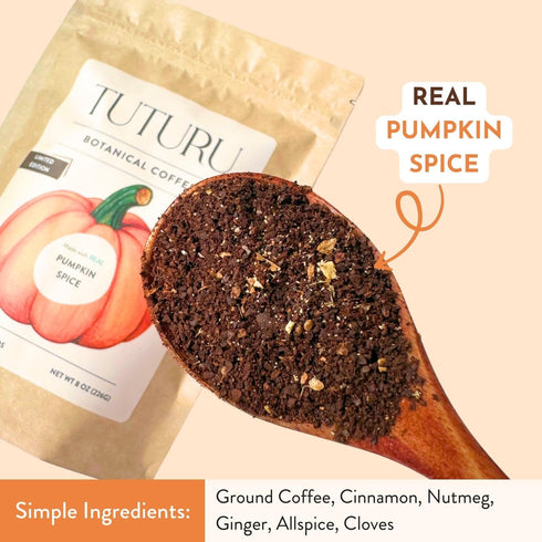 TUTURU Pumpkin Spice Ground Coffee | Real Pumpkin Spices | Medium Roast, Organic Coffee | Smooth Low-Acid | Perfect for Drip, Pour Over or Cold Br...