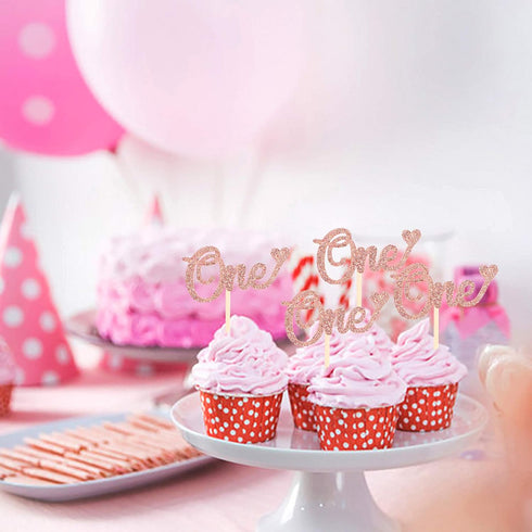 Ercadio 24 Pack Rose Gold One Cupcake Toppers 1st Birthday Cupcake Picks Baby Shower Kids First Birthday Party Cake Decorations Supplies...